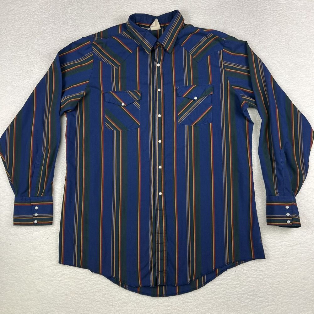 Vtg Western‎ Frontier Shirt Mens XLT Pearl Snap Striped Long Sleeve Cowboy Rodeo